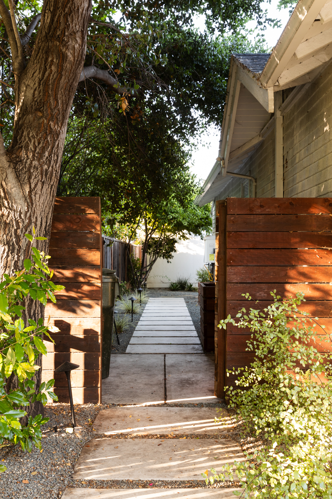 Terrain pergola and courtyard with bold plantings