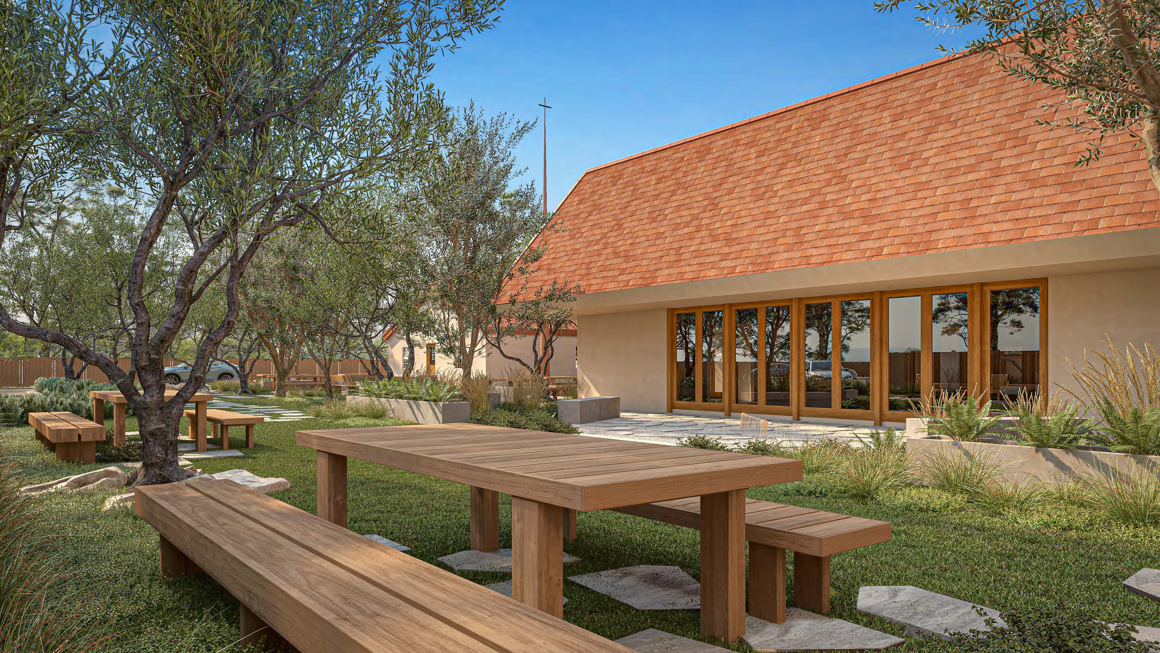 Terrain spatial composition with pool and native planting