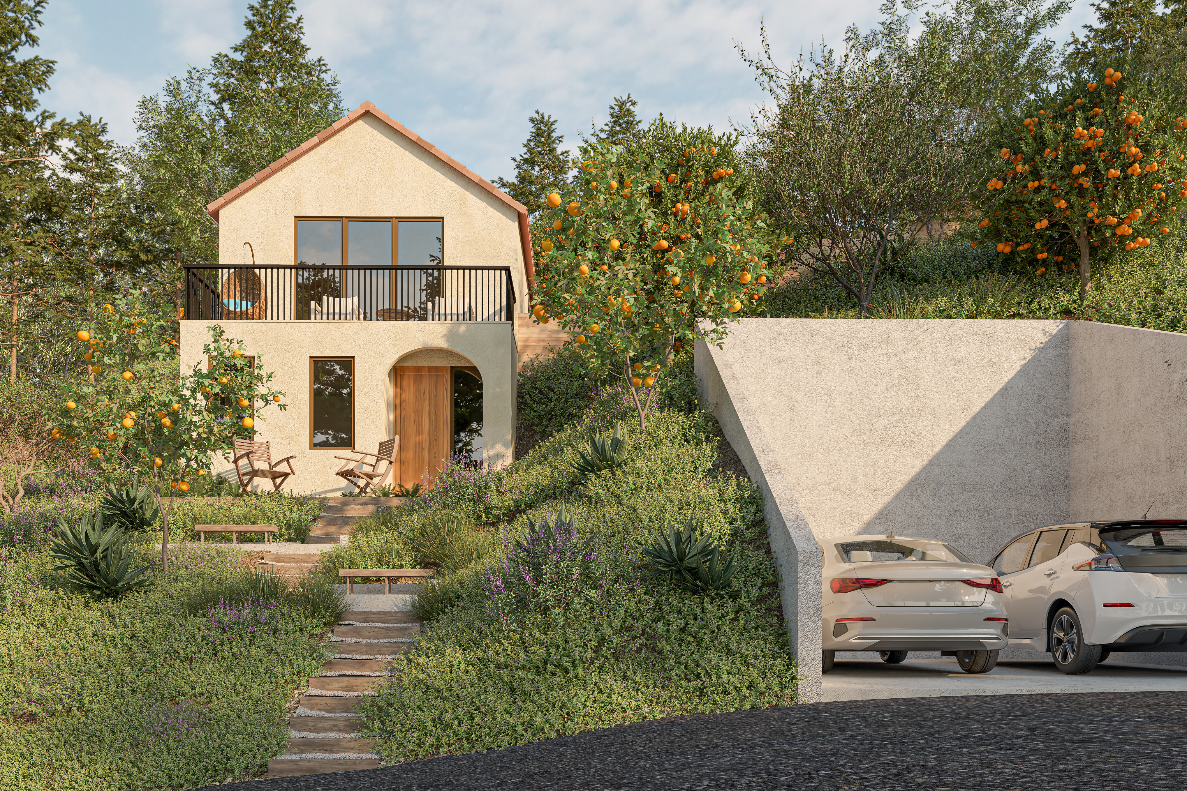 Terrain garden pathway with layered planting